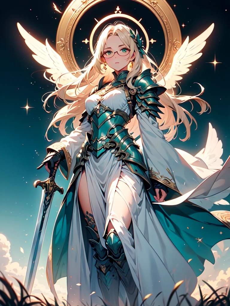 A stunning artwork of a valiant female warrior standing in a radiant celestial realm. The full-body view showcases her in elegant and majestic armor of white, blue, and gold, exuding an aura of divine strength and grace. Her long, flowing blonde hair frames a face of determined beauty, highlighted by green eyes that sparkle with fierce courage and noble resolve. She holds a celestial sword, intricately designed and glowing with divine energy, adding to her imposing presence. The scenery around her is a luminous heavenly landscape, with shining clouds and golden light bathing the surroundings. Celestial symbols and floating orbs of light enhance the ethereal atmosphere, creating a scene of otherworldly splendor.