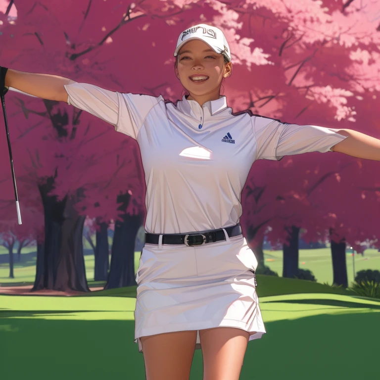 Final hole of the U.S. Women's Open、On the green、A woman in her fifties wearing a yellow shirt and white skirt and holding a golf club, Triumphant Pose, maya takamura, Standing victorious and proud, Raise your arms, Shin Min-jung, Photo credit: ap, Wearing golf shorts, Young Gi Kim, Woo Kim, Kim Hyun-joo, Wenfei Ye, Gemma Chen, Zhou Meiling, Morimoto, what a person, masterpiece, high details, best quality, 8k