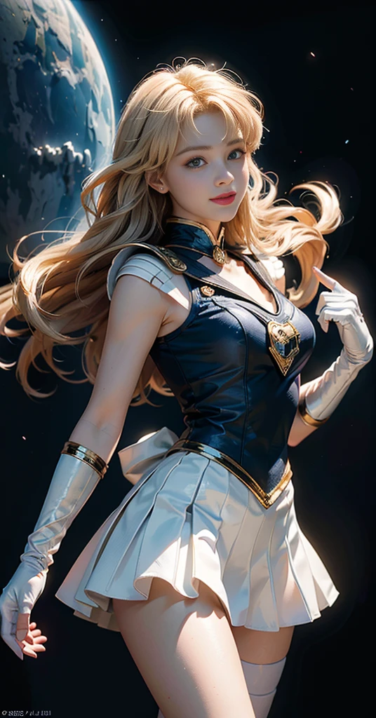 (Extreme detail CG Unity 8K wallpaper, masterpiece, highest quality), (exquisite lighting and shadow, highly dramatic picture, cinematic lens effect), (Sailor Moon: 1.1), charming smile, double tail, blue eyes, blond hair, tight top, white gloves, mini skirt, dynamic pose), the background is the universe (excellent detail, excellent lighting, wide angle), (excellent rendering, enough to stand out in its class),