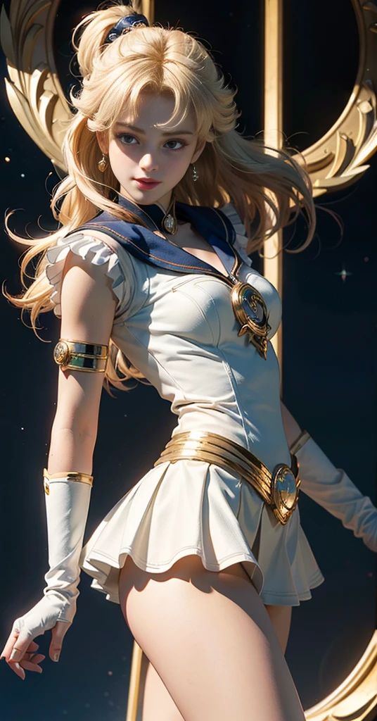 (Extreme detail CG Unity 8K wallpaper, masterpiece, highest quality), (exquisite lighting and shadow, highly dramatic picture, cinematic lens effect), (Sailor Moon: 1.1), charming smile, double tail, blue eyes, blond hair, tight top, white gloves, mini skirt, dynamic pose), the background is the universe (excellent detail, excellent lighting, wide angle), (excellent rendering, enough to stand out in its class),