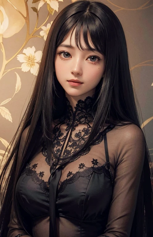 (Surreal), (illustration), (Improve resolution), (8K), (Very detailed), (Best illustration), (Beautiful and delicate eyes), (best quality), (Super detailed), (masterpiece ), ( wallpaper), (Delicate face), Solitary, 1 girl, looking at the audience, fine details, Delicate face, in the darkness, Deep Shadows, Low profile, purebred face_V1, Smile, long hair, Black shawl straight hair , Side bangs