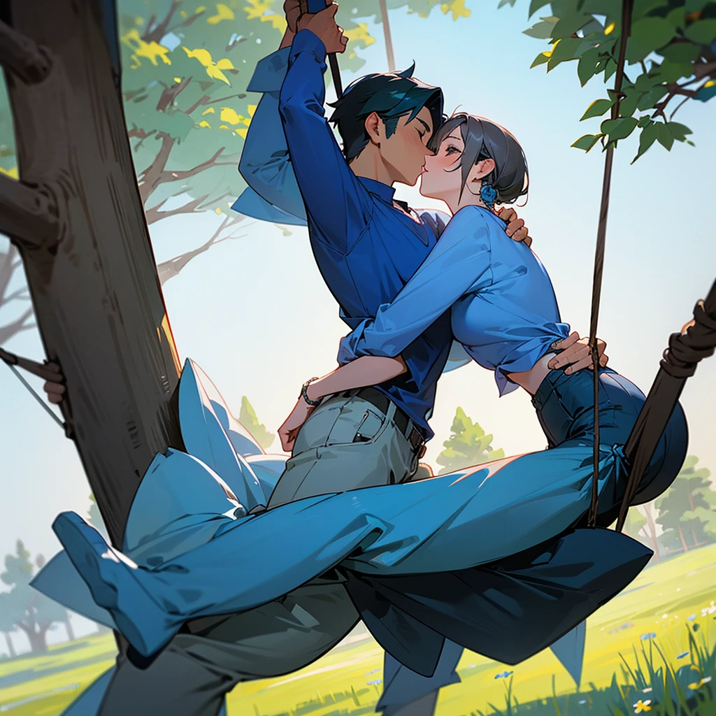 Photograph of a woman and a man on a tree swing, The man wears a blue shirt and gray pants and the woman wears a blue top and gray pants in a meadow, los dos dandose un beso