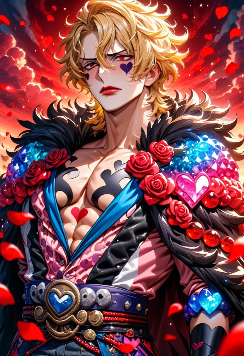 absurdres, highres, ultra detailed, HDR, master piece, best quality, Donquixote Rosinante Corazon, expressive red eyes, blonde hair, One Piece, solo, sexy man, handsome, red lips, black fur cape, pink shirt with heart patterns, magical, fantasy, red roses, red butterflies, red petals, red sky