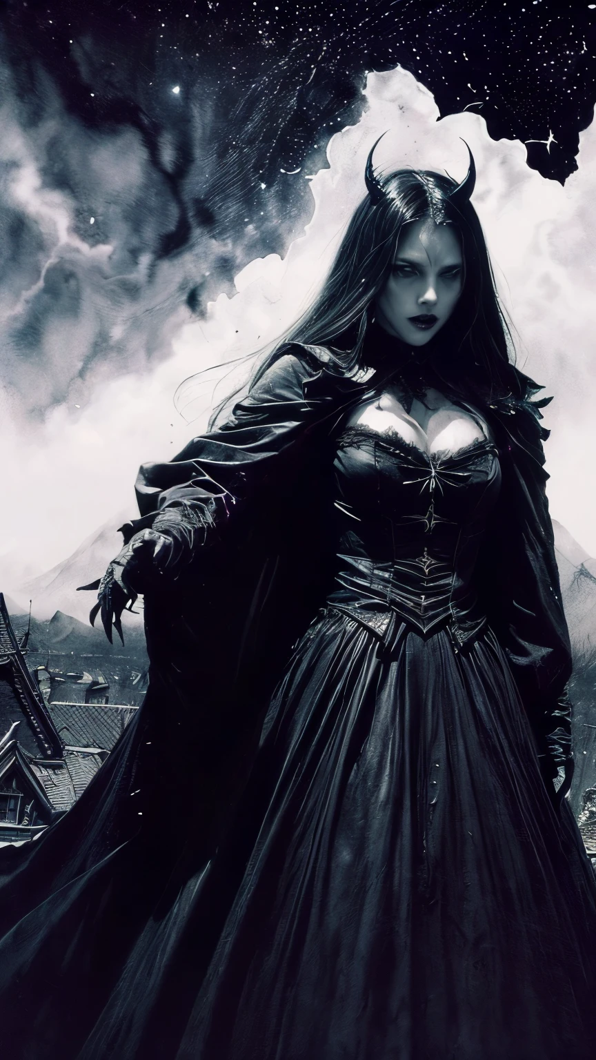 (Fatal Beauty,A fascinating villain,witch) ,(Otherworldly beauty:1.1),(Creepy Gaze:1.1),(A supple and powerful physique),(Sensual charm),(Mysterious charm:1.1),(Tense atmosphere),(不吉で魅惑的なdevilの目:1.1),(Enchantment to lure prey:1.1),(Captivating silhouette),(highest quality,High resolution:1.2),(dark,Threatening:1.1),(Regrettably:1.1), (devilのテーマ:1.5),(dark horror theme:1.5),(Thriller:1.5),(Inspiration from Stephen King:1.5),(Dark fantasy:1.5), (Ink and watercolor:1.5), (black and white color:1.5), (Ominous Landscapes:1.5),(Countless stars fly away:1.5),(Ruined:1.5),(Ruined village:1.5),(1800s:1.5), (Ruined theme:1.5),(There's a lot of dust flying up there:1.5),(puddle:1.5),(Dirt roads:1.5),(Absurd:1.5),(wonderful:1.5),(highest quality:1.5),(masterpiece:1.5),full length,Qu美術z Lepidolite Woman in a Red Dress, (Powerful figures:1.1、Big Breasts、Glasses) 、 ((((Round Glasses)))),(((Big Breasts)))、,(((Twisted corners,Fiery crown:1.1 Nicola Samori,Wangechi Mutu))),prime color,Urban,Very detailed,masterpiece,Intricate details,Faded,eyes Very detailed, Eye for details,4K resolution,to be born, Nikon Z9,Scary Town,full length,evil ghost, Winnie the Poおお Rainbow,Intricate details,Very detailedな, Realistic,, 暗くてSpooky atmosphere, Spiritual Beings, Hauntingly beautiful, Ghostly figures, devilの本質, Shadow-like shape, Spooky whispers, Ominous Aura, HeArt of a Goth Maiden, Very dark shade.Her Eyes, Like dazzling fur in a starless haze,A symphony of despair in their eyes.Her Mogul Snaps, Mysterious Cemetery,Think about it, The source of her sadness.Black hair swaying in the moonlight, She summons darkness,Dance of the Void, (Beautiful vampire high-ranking wizard: 1.7), (2つのthick, length, Sharp vampire teeth protruding from lips: 1.7), (Wizard wearing black hat: 1.6), (An intricately decorated jet-black cloak: 1.6), (Delicately decorated cloak, although it is damaged: 1.5), Hypermaximalist, Breathtaking oil paintings, 超Realisticな, Ultra-realistic digital illustrations that mimic the style of oil paintings, アレックス・グレイのサイケデリックな先見の明のある芸術とHRギーガーのto be born体力学的テーマの美学をシームレスに融合. wonderful構成, (devil,Satan,Lucifer:1.1),(devilish:1.1),(Red eyes glow:1.6)、(Red glowing eyes,Sharp teeth:1.1),(Black wings,thick:1.1),(hellish landscape:1.1),(fire,sulfur:1.1),(Threatening atmosphere:1.1),(dark shadows,Threatening presence:1.1),(Unlucky Clouds,Stormy Skies:1.1),(dark,Spooky atmosphere:1.1),(Aura of misfortune,Evil energy:1.1),(dark aura,cigarette:1.1),(Extreme heat,Burning Flames:1.1),(Nightmare Visions:1.1),(Predicting the end:1.1),(Whispers of misfortune,devilish laughter:1.1),(Cry of pain,echoing screams:1.1),(Bad luck symbol,Ancient runes:1.1),(Mysterious Relic,dark 美術ifacts:1.1),(Infernal Ritual,Ritual sacrifice:1.1),(Eternal Ruin,A hopeless existence:1.1), Inspired by the background of the abandoned mecha. Art created by Craig Mullins, Necrostyle., Detailed Description, Futuristic sci-fi scene. Focus on SF concept art, Vivid colors and sharp focus.