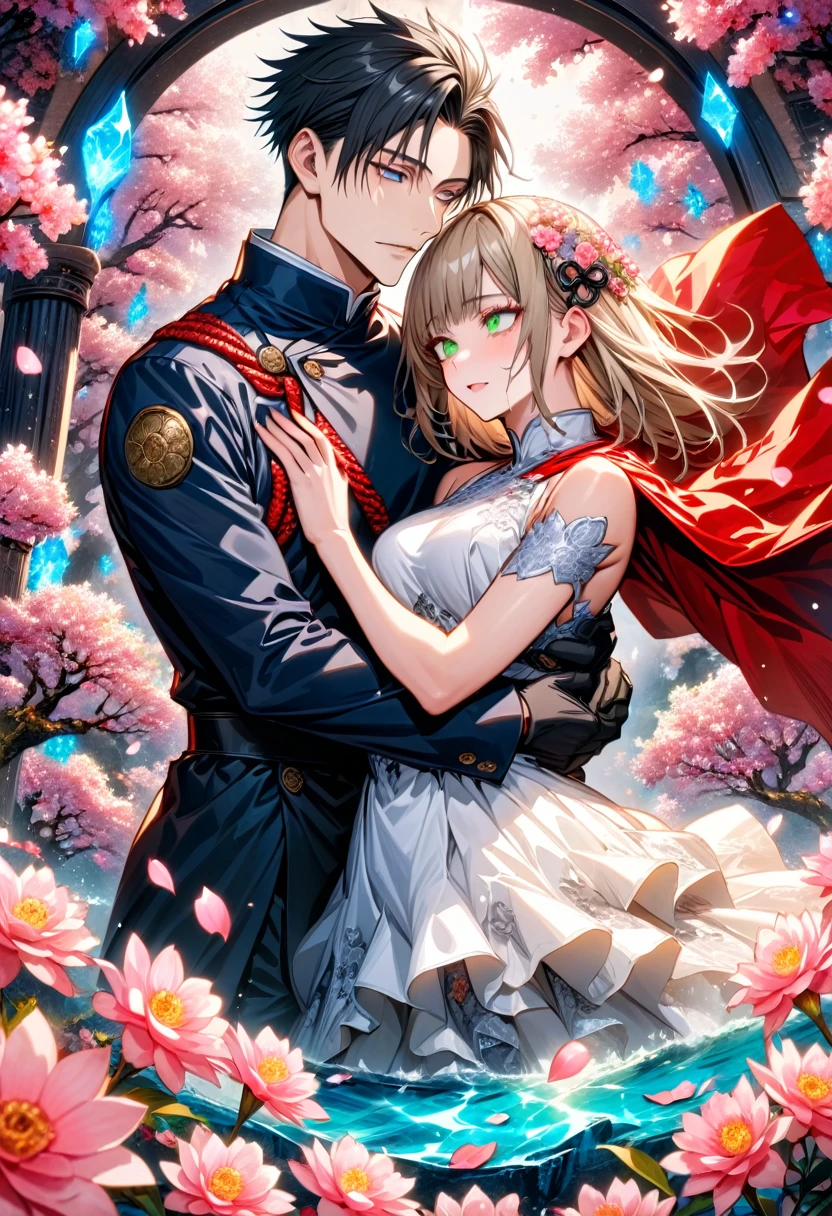 Ultra detailed, highres, absurdres, HDR, master piece, Okkotsu Yuuta, black hair, expressive dark blue eyes, Aida, ash blond hair with bangs, green eyes, white fantasy dress with black patterns, red cape, Jujutsu Kaisen, fantasy, petals, purple butterflies, purple flowers, water, black ribbon on her hair, black gloves, a handsome man together with a beautiful woman, sexy, couple, love, magic, best quality, extremely detailed face and eyes,