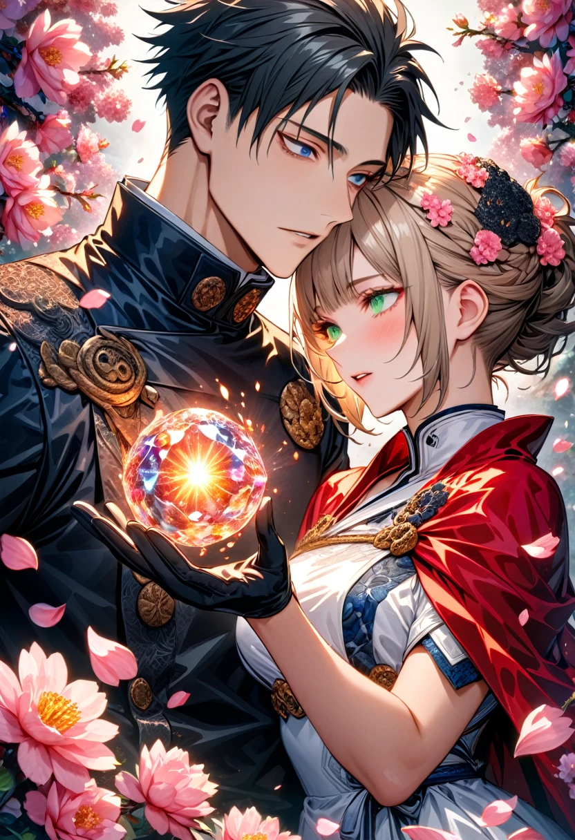Ultra detailed, highres, absurdres, HDR, master piece, Okkotsu Yuta, black hair, expressive dark blue eyes, Aida, ash blond hair with bangs, green eyes, white fantasy dress with black patterns, red cape, Jujutsu Kaisen, fantasy, petals, blossoms, pink flowers, water, black ribbon on her hair, black gloves, a handsome man together with a beautiful woman, sexy, couple, love, magic, best quality