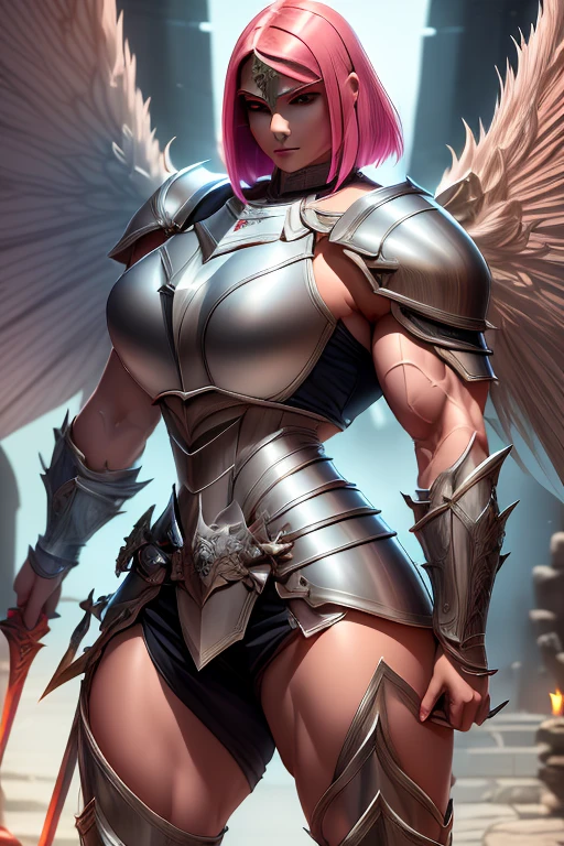 ((((Massive, tall, beautiful, buff, muscular light brown skinned female knight with shocking pink hair, black lipstick, huge angle wings, ginormous bulky muscles, holding a sword and shield and wearing an all gleaming pink knight armor with hauberk and pants)))), {close view}, black eyeliner, massive muscles, massive biceps, hyper muscle triceps, (angled bob cut), red eyes, giant angel wings, knight boots, In a castle, (hauberk pants), steel knight armor, armor breastplate, nighttime, confident smile, hyper muscles arms, hyper muscle legs, ginormous arms