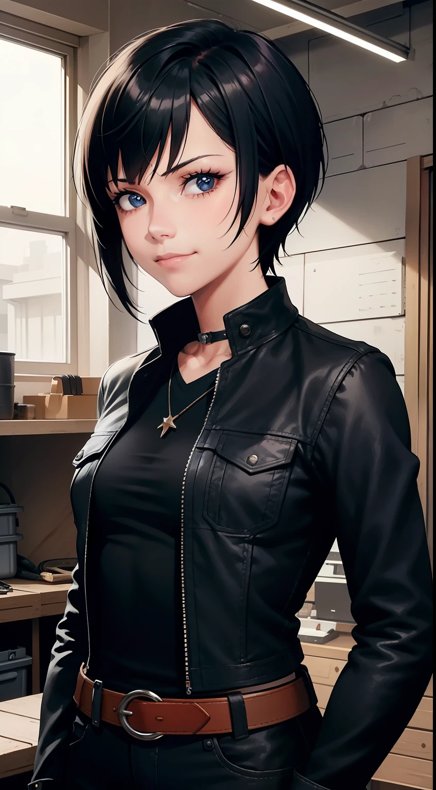 (high-quality, breathtaking),(expressive eyes, perfect face) Symmetrical Eyes, portrait, Star Wars Universe, 1girl, female, adult, mechanic, punk jacket, shirt, short sleeved, gloves, pants, belt, wrench, crystals, messy hair, black hair color, brown eye color, short hair length, stylized hairstyle, pixie haircut, tall, technician outfit, engineer, workshop background, work bench, tools, mature, narrow eyes, dog tag necklaces, slight smirk
