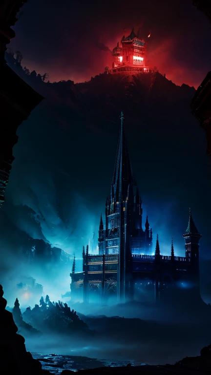 Sacred blue light Bright cyan rising from the top of a giant palace castle sunk beneath an abyss, swirling together with a crimson red evil aura 