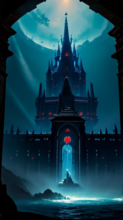 Sacred blue light Bright cyan rising from the top of a giant palace castle sunk beneath an abyss, swirling together with a crimson red evil aura 