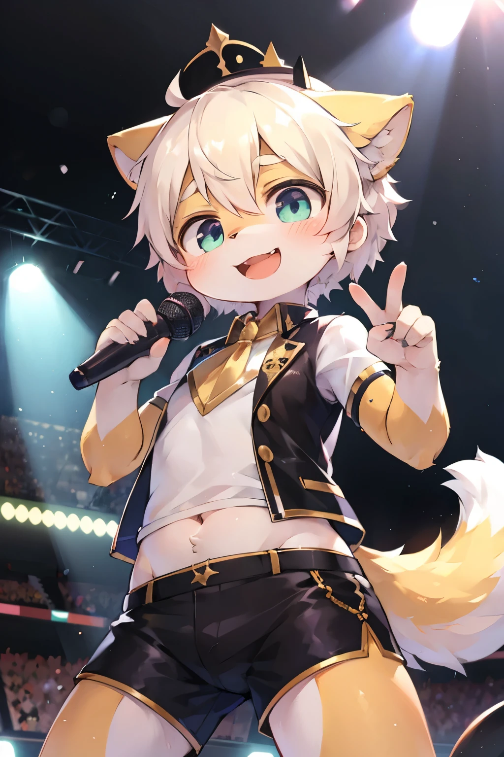 Kemoshota, hopping, smile, open mouth, wink, pop star, dynamic angle, idol Shota boy, head set, half shorts, spot light, microphone, tail, idol clothing