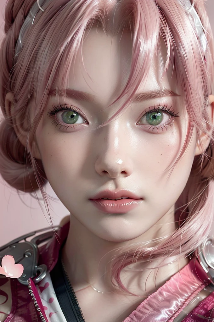 young woman, bubblegum pink hair tied in a bun, wide forehead, porcelain skin, pink eyebrows, emerald green eyes, upturned nose, thick pink lips, heart-shaped face, dark red clothes, Sakura Haruno, realism, well detailed, 3d