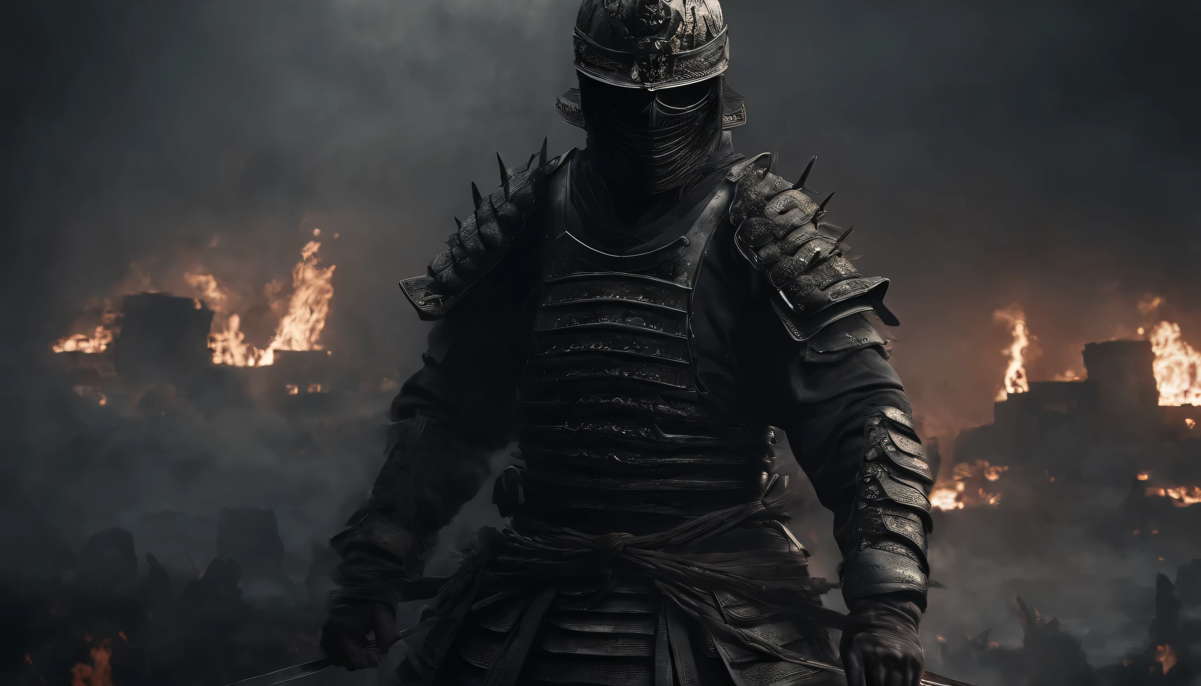 (best quality,4k,8k,A high resolution,master part:1.2),ultra-detalhado,Realistic:1.37,Samurai of Japan's Sengoku period,Use armadura samurai completa,Black skull mask,Segurando uma katana afiada, blood around katana, fire around him, completely dark mysterious, killing sense