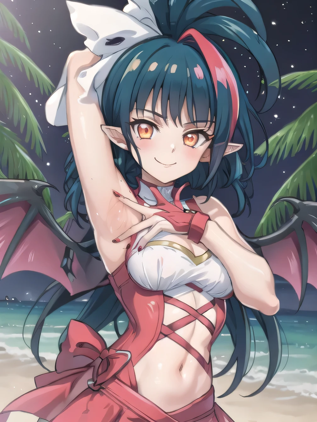 (extremely detailed CG), (best quality), perfect face, shiny skin, lustrous skin, 1girl,solo ,  MillaarcSympho, open clothes,jewelry, sharp fingernails, pink dress, nail polish, sleeveless dress, sleeveless orange eyes,red eyes, long fingernails ponytail,navel, wings, bat wings, blue hair, multicolored hair, pointy ears, vampire, looking at viewer, closed mouth, solo, night sky, beach, arms behind head, contrapposto, spread armpits, looking at viewer, best quality, portrait, smile, upper body,
