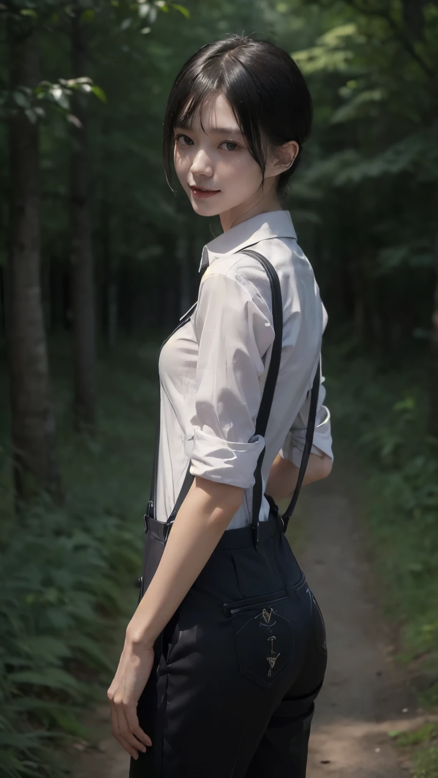 ((Backwards:2.0)), ((Collared shirt:2.0, suspenders:2.0, pants:1.8)), (Clothing:2.0, スキニーpants:2.0, suspenders under Collared shirt:2.0, A bow tie:1.2, sneakers:1.5), ((In town:1.5)), ((A grin:1.2, Small breasts:1.5, slender:1.5, Small Ass:1.5)), ((Japanese, 1 Girl, 18-year-old, 7 heads, Ideal body proportions, Black Hair, With bangs, Small breasts, Erect nipples, slender, Small Ass, Beautiful feet, Skinny Legs)), Surrealism, Cinematic Lighting, Depth of written boundary, First Person View, Boobs F/1.8, 135mm, Ticker, Mastepiece, Curate, ((Anatomically correct:1.3)), Textured skin, Super Detail, High detail, High quality, Awards, Best Quality, High resolution, 8K