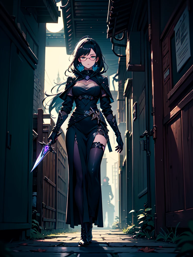 A stunning artwork of a stealthy female thief standing in a moonlit alley. The full-body view showcases her in sleek black and purple attire, exuding an aura of agility and cunning. Her short, sleek black hair frames a face of sharp beauty, highlighted by piercing green eyes that gleam with clever mischief and keen intellect. She holds dual daggers, intricately designed and gleaming with sharp precision, adding to her elusive presence. The scenery around her is a shadowy, narrow alley illuminated by the soft glow of the moon. Faint city lights and creeping shadows enhance the mysterious atmosphere, creating a scene of covert intrigue.