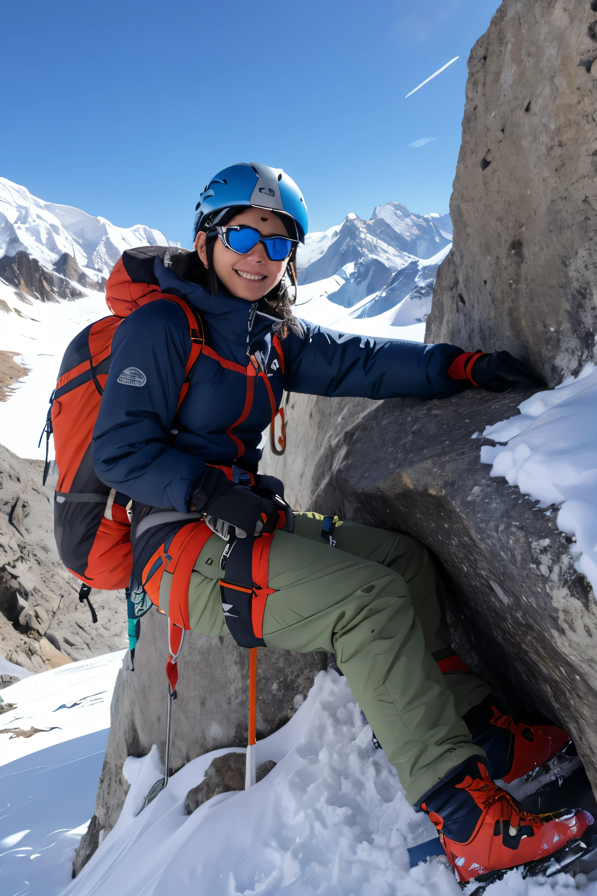 Himalayan climbing、 ◦ Equipment: cold weather clothing、gloves、hat、sunglasses、goggles。 ◦ Hiking boots、Crampons、Helmet、Supporter、“I am climbing the north face.”