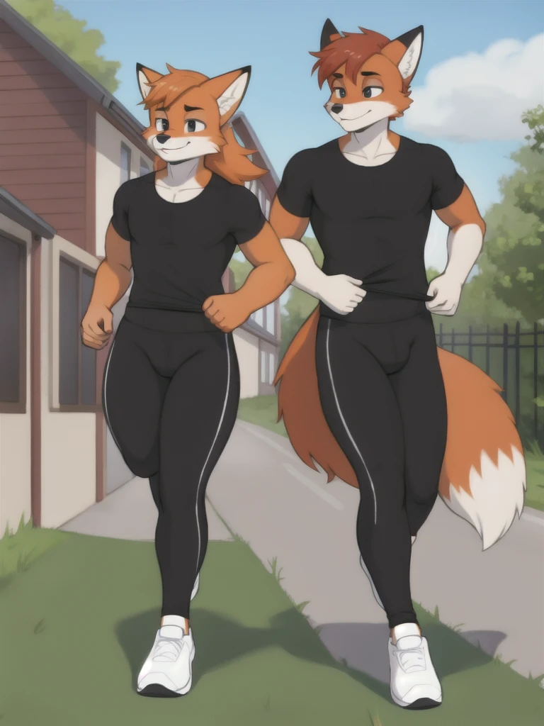 Furry, fox, male, twins, black leggings, white shirt, jogging outside the house, 