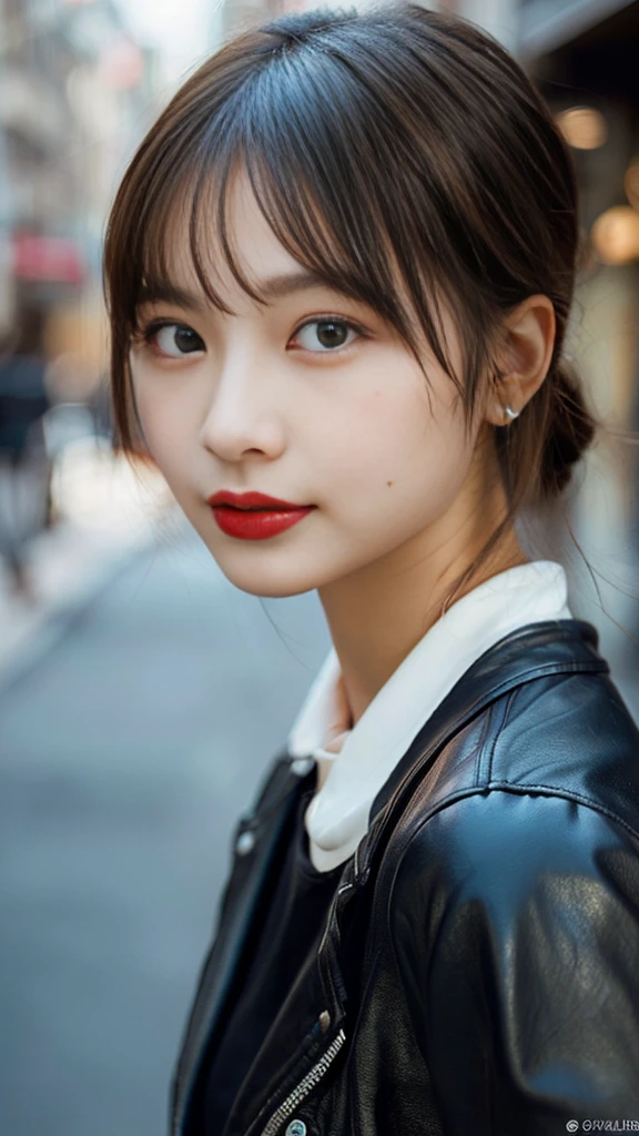 a beautiful japanese girl, intricate details, random hairstyle, (best quality,8k,ultra-detailed,hyper-realistic,photorealistic,masterpiece:1.3),extremely detailed face and eyes,long eyelashes,beautiful skin,flawless,natural lighting,cinematic composition,vibrant colors,stunning,Design an image of a young Japanese woman with a modern and stylish appearance. She has short, sleek black hair with a slightly edgy cut. She is wearing trendy, Her makeup is minimal but striking, with a flawless base, bold eyeliner, and a matte red lip. She is dressed in a contemporary, fashionable outfit such as a leather jacket, a graphic tee, and high-waisted pants. The background is an urban street scene with modern architecture and street art. She is leaning against a wall, looking confidently at the camera with a slight smirk,a beautiful japanese girl, intricate details, random hairstyle, (best quality,8k,ultra-detailed,hyper-realistic,photorealistic,masterpiece:1.3),extremely detailed face and eyes,long eyelashes,beautiful skin,flawless,natural lighting,cinematic composition,vibrant colors,stunning.