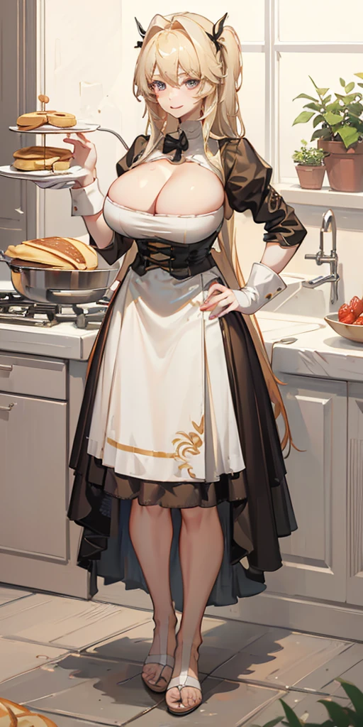 pancakes in the Asteria VK skillet,a blond,Twin-tailed,1soloMILFWoman in her 30s hands on hips, cleavage, maid APRON with shape LOVE symbol,Smile,kitchen, the toes nails to head full body looking to viewer symmetrical buttocks showing to me