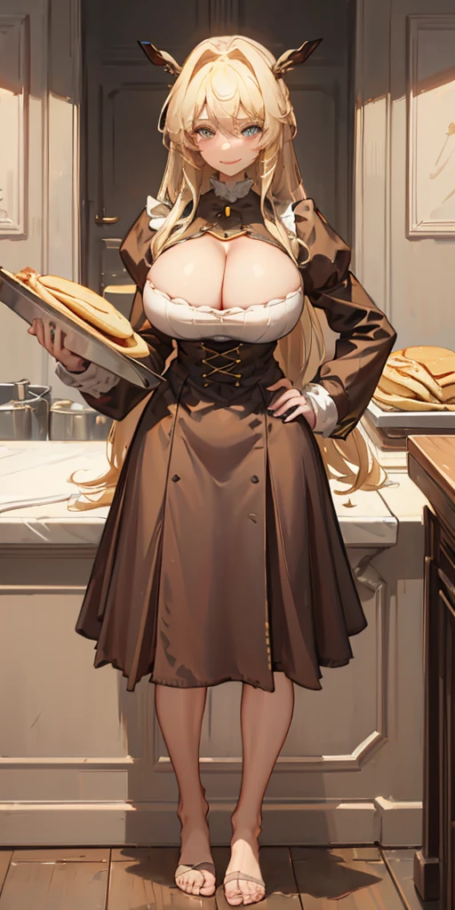 pancakes in the Asteria VK skillet,a blond,Twin-tailed,1soloMILFWoman in her 30s hands on hips, cleavage, maid APRON with shape LOVE symbol,Smile,kitchen, the toes nails to head  full body looking to viewer symmetrical buttocks showing to me