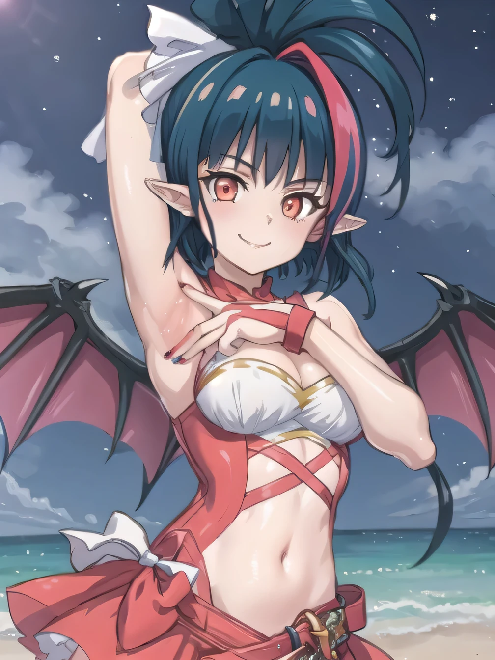 (extremely detailed CG), (best quality), perfect face, shiny skin, lustrous skin, 1girl,solo , MillaarcSympho, open clothes,jewelry, sharp fingernails, pink dress, nail polish, sleeveless dress, sleeveless orange eyes,red eyes, long fingernails ponytail,navel, wings, bat wings, blue hair, multicolored hair, pointy ears, vampire, looking at viewer, closed mouth, solo, night sky, beach, arms behind head, contrapposto, spread armpits, looking at viewer, best quality, portrait, smile, upper body,