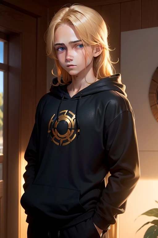 A sun-kissed, cinnamon-skinned boy with vibrant blue eyes, wearing a black hoodie, stands confidently in the image. His thick, golden hair cascades down his back, catching the light and creating a halo around his figure. A faint sweat glistens on his forehead, hinting at a recent exertion or the heat of summer.