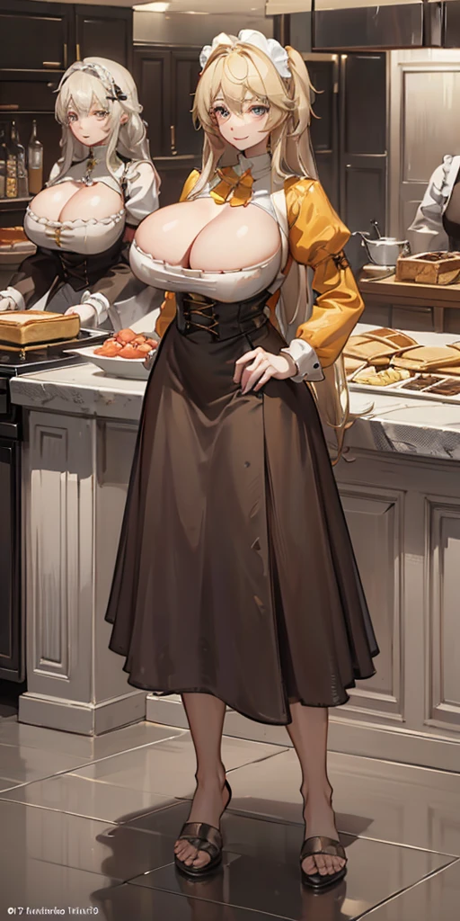 pancakes in the Asteria VK skillet,a blond,Twin-tailed,1soloMILFWoman in her 30s hands on hips, cleavage, maid APRON with shape LOVE symbol,Smile,kitchen, the toes nails to head  full body looking to viewer symmetrical buttocks showing to me