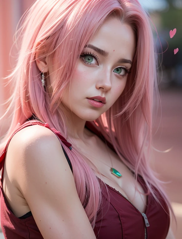 young woman, bubblegum pink hair tied in a bun, wide forehead, porcelain skin, pink eyebrows, emerald green eyes, upturned nose, thick pink lips, heart-shaped face, dark red clothes, Sakura Haruno, realism, well detailed, 3d
