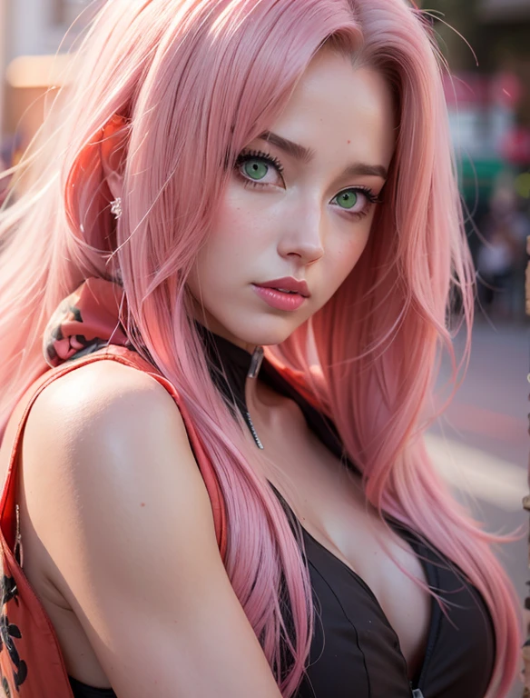 young woman, bubblegum pink hair tied in a bun, wide forehead, porcelain skin, pink eyebrows, emerald green eyes, upturned nose, thick pink lips, heart-shaped face, dark red clothes, Sakura Haruno, realism, well detailed, 3d
