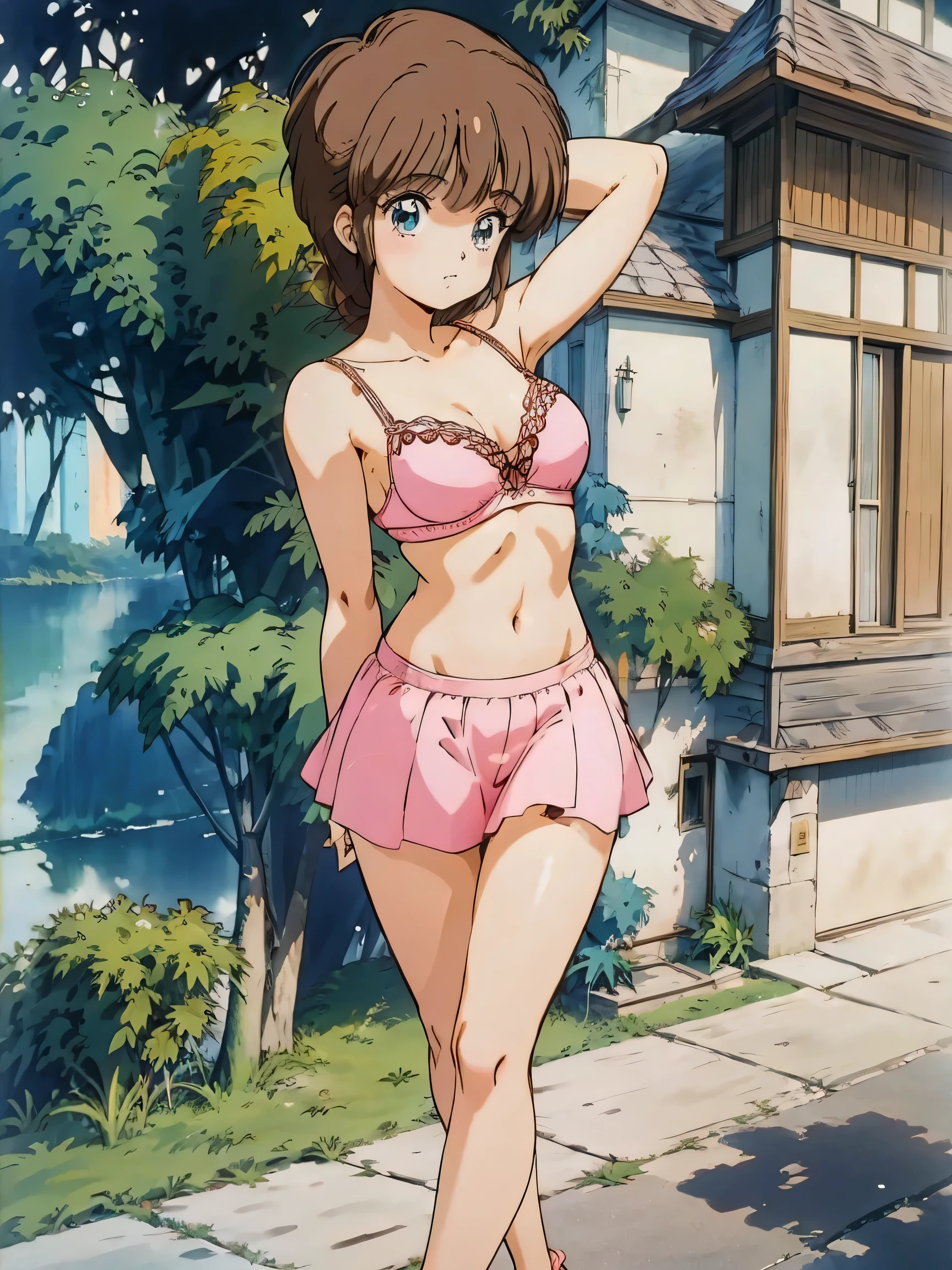 1 girl with pink bra and panties, , corpo bonito, seios grandes, with hands behind head, running your hands through your hair, Garota sexy, beautiful lighting, sombras suaves, olhos azuis, pernas bonitas, estilo anime, decote sexy, quadril robusto, corpo inteiro, corpo inteiro, busto grande, garota jovem com corpo belo e bonito, sandals on his feet, garota 16 anosbaixa estatura, usando vestido longo pink com desenhos de rosas, estampa florida, pink bra and panties dress, garota anime, estilo anime, beautiful feet in sandals, ao ar livre, corpo inteiro, corpo completo