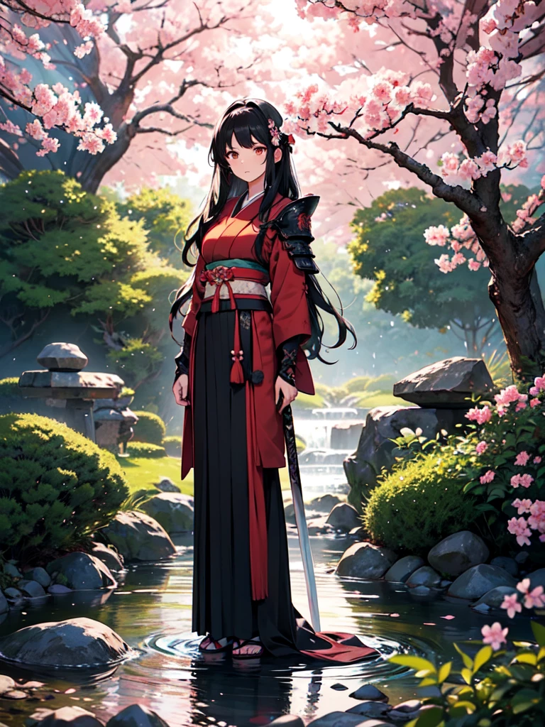 A stunning artwork of an honorable female samurai standing in a serene Japanese garden. The full-body view showcases her in traditional red and black armor, exuding an aura of disciplined strength and noble honor. Her long, flowing black hair frames a face of refined beauty, highlighted by calm brown eyes that radiate wisdom and inner peace. She holds a katana, intricately designed and glowing with precise energy, adding to her dignified presence. The scenery around her is a tranquil Japanese garden with cherry blossom trees and a gently flowing stream. Soft sunlight filtering through the blossoms and stone lanterns enhance the peaceful atmosphere, creating a scene of serene grace.