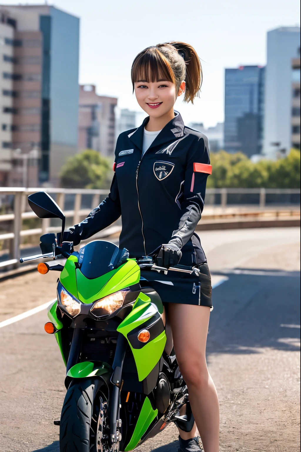 Glowing Korean beauty with cybernetic arm,(Transparent and revealing clothing:1.3, ),(Cyber Girl is、Ride through a futuristic city on a colorful, custom-painted green Kawasaki Ninja motorcycle:1.3),mini skirtを履いてバイクに跨り白いパンティが見えてます、kawasaki ninja250、Showing her white panties.、 (Ultra mini skirt:1.3)、Shiny light brown and orange striped ponytail hair,Cute Smile,Perfect round face,A bright smile that makes everyone happy,Proper body balance,Tabletop,Ultra-high quality output images,High resolution,Intricate details,Very delicate and beautiful hair,Realistic photos,dream-like,Professional Lighting,Realistic Shadows,Focus Only,Beautiful Hands,Beautiful fingers,Detailed functions of the fingers,Detailed characteristics of the garment,Detailed characteristics of hair,Detailed facial features,