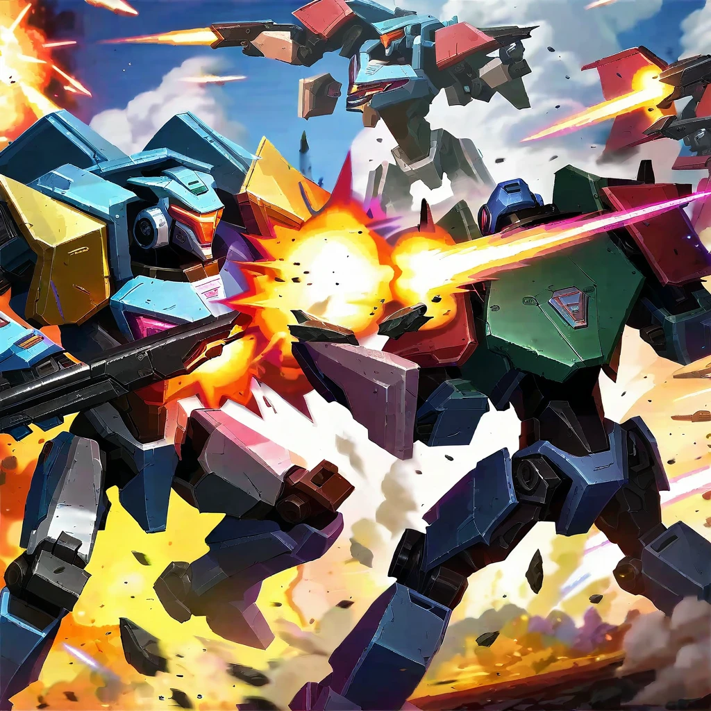 Explosive battle, war mechs with differing color schemes close on one another as they fire weapons of mass destruction