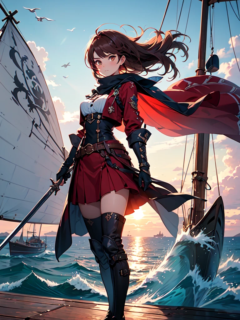 A stunning artwork of a daring female pirate standing on a pirate ship deck. The full-body view showcases her in adventurous brown and red attire, exuding an aura of fearless bravery and swashbuckling charm. Her long, flowing auburn hair frames a face of spirited beauty, highlighted by keen brown eyes that gleam with adventurous mischief and bold determination. She holds a cutlass, intricately designed and gleaming with a sharp edge, adding to her intrepid presence. The scenery around her is a sunlit ship deck with billowing sails and the vast ocean stretching into the horizon. The soft glow of the setting sun and seagulls flying overhead enhance the adventurous atmosphere, creating a scene of nautical excitement.