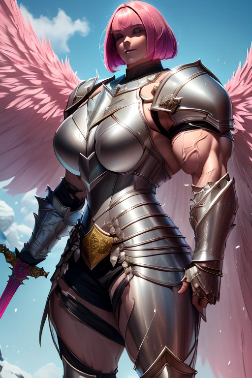 ((((Massive, tall, beautiful, buff, muscular light brown skinned female knight with shocking pink hair, black lipstick, huge angle wings, ginormous bulky muscles, holding a sword and shield and wearing an all pink gleaming knight armor with hauberk and pants)))), {close view}, black eyeliner, massive muscles, massive biceps, hyper muscle triceps, (angled bob cut), red eyes, giant angel wings, knight boots, In a castle, (hauberk pants), steel knight armor, armor breastplate, nighttime, confident smile, hyper muscles arms, hyper muscle legs, ginormous arms