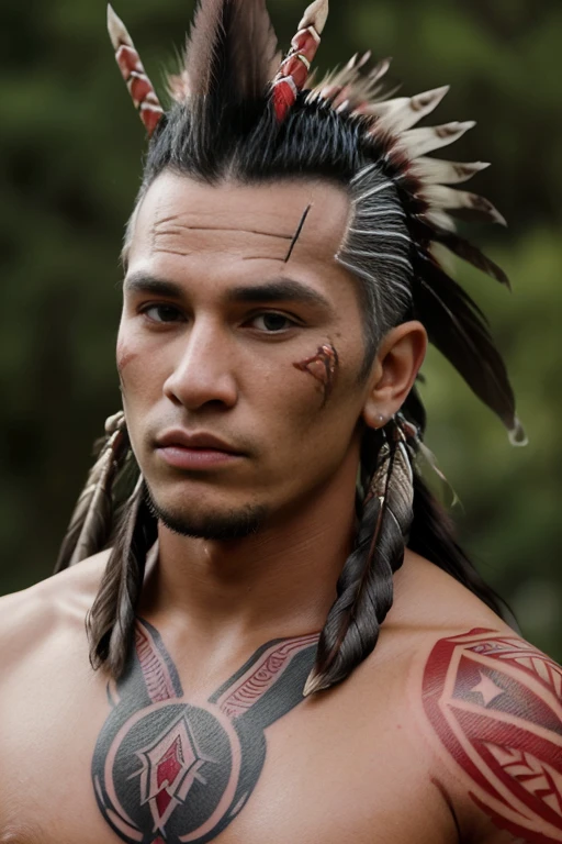 (masterpiece, high quality, lifelike, Ultra realistic, Remarkably high quality, photorealistic:1.5), Prefect details, 1 man, (((((large, red-skinned Native American indian 22 years old wearing tirbal tattos with a mohawk and in his hand is two tomahawks))))), sharp focused with high details, detailed, realistic, high definition, Standing While holding two tomahawks, Warpaint, has black warpaint around his eyes, his name is Chief Thunder