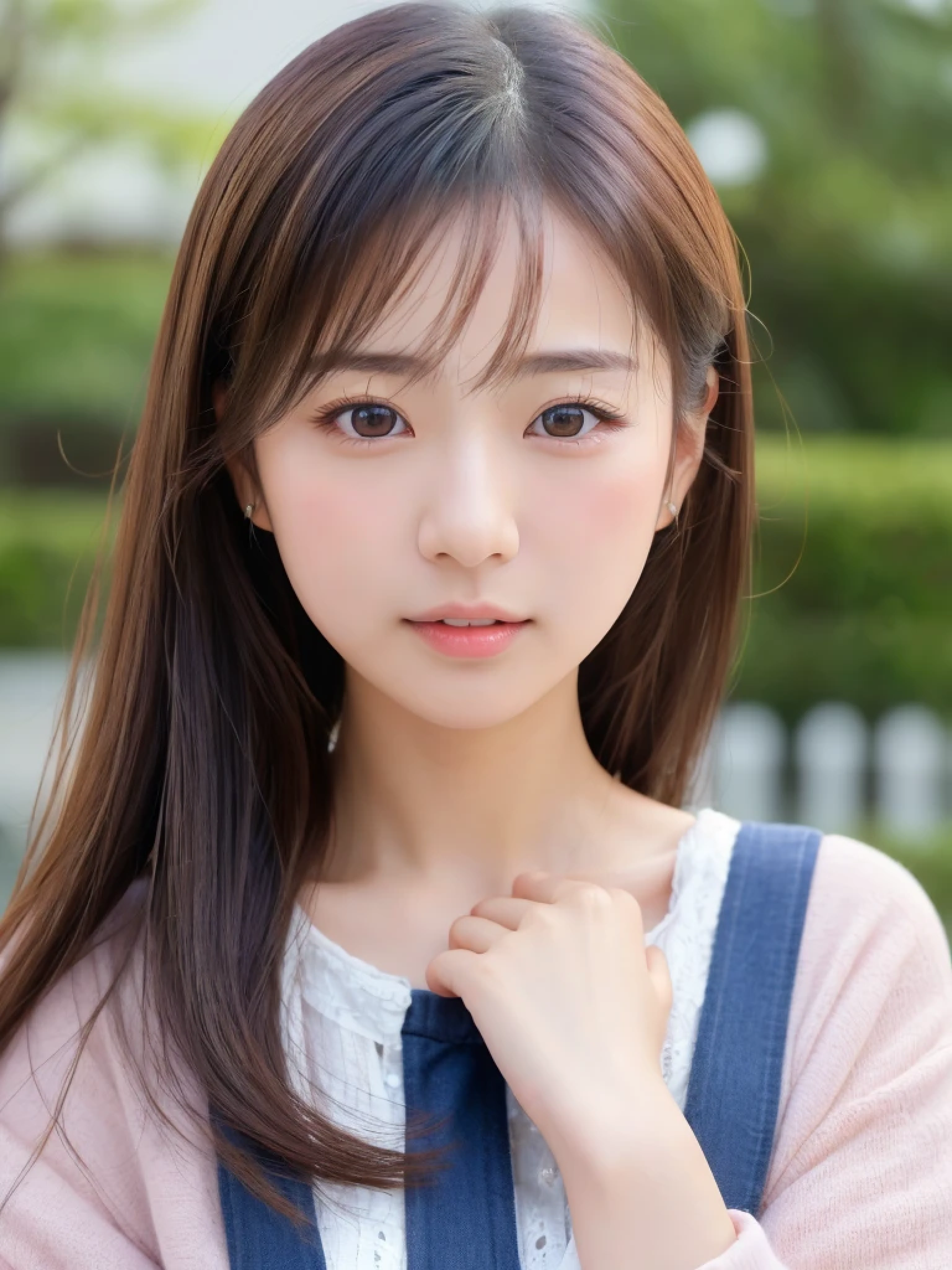((cute japanese girl、Beautiful Japanese Girl、One girl、19 years old、ponytail、Highly detailed face and skin texture、Ultra detailed face、Ultra-detailed eyes、Red、blush、front、 cute、Highly detailed face and skin texture、Smooth white skin、Translucent skin texture、))、(Dark Brown Hair)、looking at the camera、Sharp Focus：1.2、Beautiful woman with perfect style：1.4、Japanese Model、((highest quality、8K、masterpiece:1.5、１Photos))、(4K、RAW Photos、highest quality)、Place people across the entire screen、Natural light、professional lighting、(Realistic、Photo realistic:1.5)、 Young Gravure Idol、Cute Gravure Idol、Real Gravure Idol、A sophisticated gravure idol、