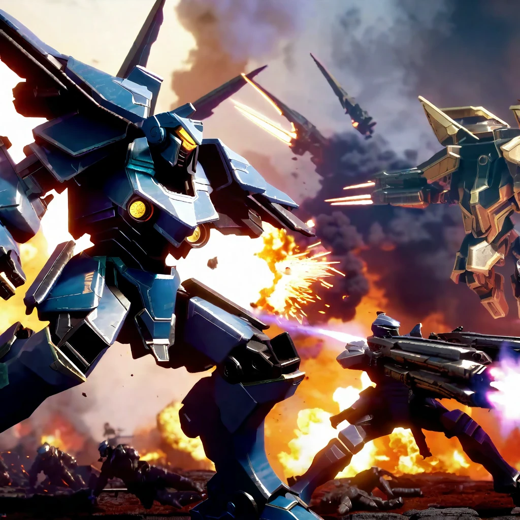 A massive mech battle, two heavily armed and armored war mechs of contrasting color schemes engaged in close-quarters combat, firing powerful energy weapons and missiles, dramatic explosions and destruction in the background, cinematic lighting, epic scale, highly detailed, hyper-realistic, 8k, photorealistic