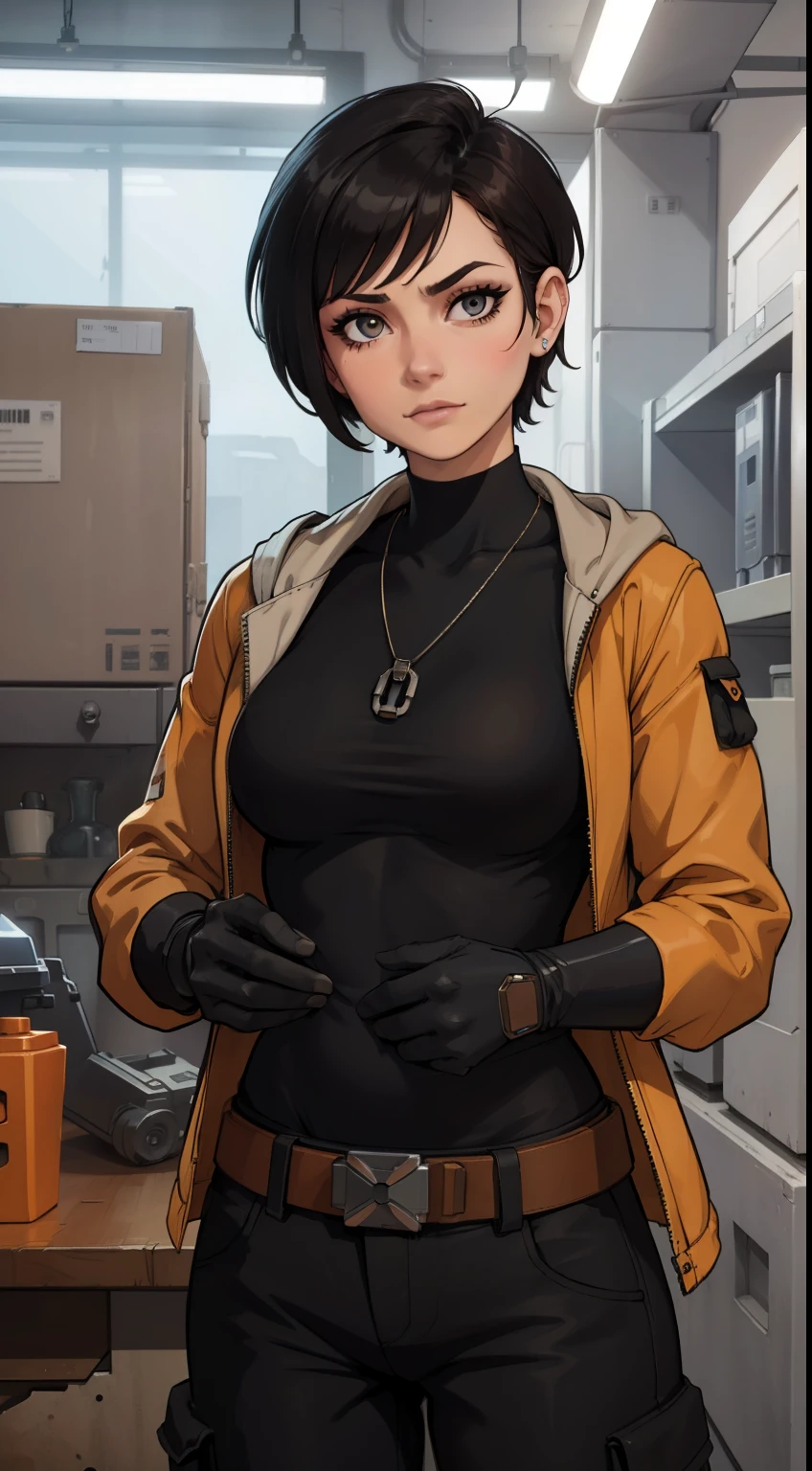 (high-quality, breathtaking),(expressive eyes, perfect face) Symmetrical Eyes, portrait, Star Wars Universe, 1girl, female, adult, mechanic, punk jacket, shirt, short sleeved, gloves, pants, belt, wrench, crystals, messy hair, black hair color, brown eye color, short hair length, stylized hairstyle, pixie haircut, tall, technician outfit, engineer, workshop background, work bench, tools, mature, narrow eyes, dog tag necklaces, soft smile
