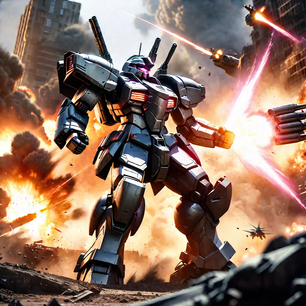 A massive mech battle, two heavily armed and armored war mechs of contrasting color schemes engaged in close-quarters combat, firing powerful energy weapons and missiles, dramatic explosions and destruction in the background, cinematic lighting, epic scale, highly detailed, hyper-realistic, 8k, photorealistic
