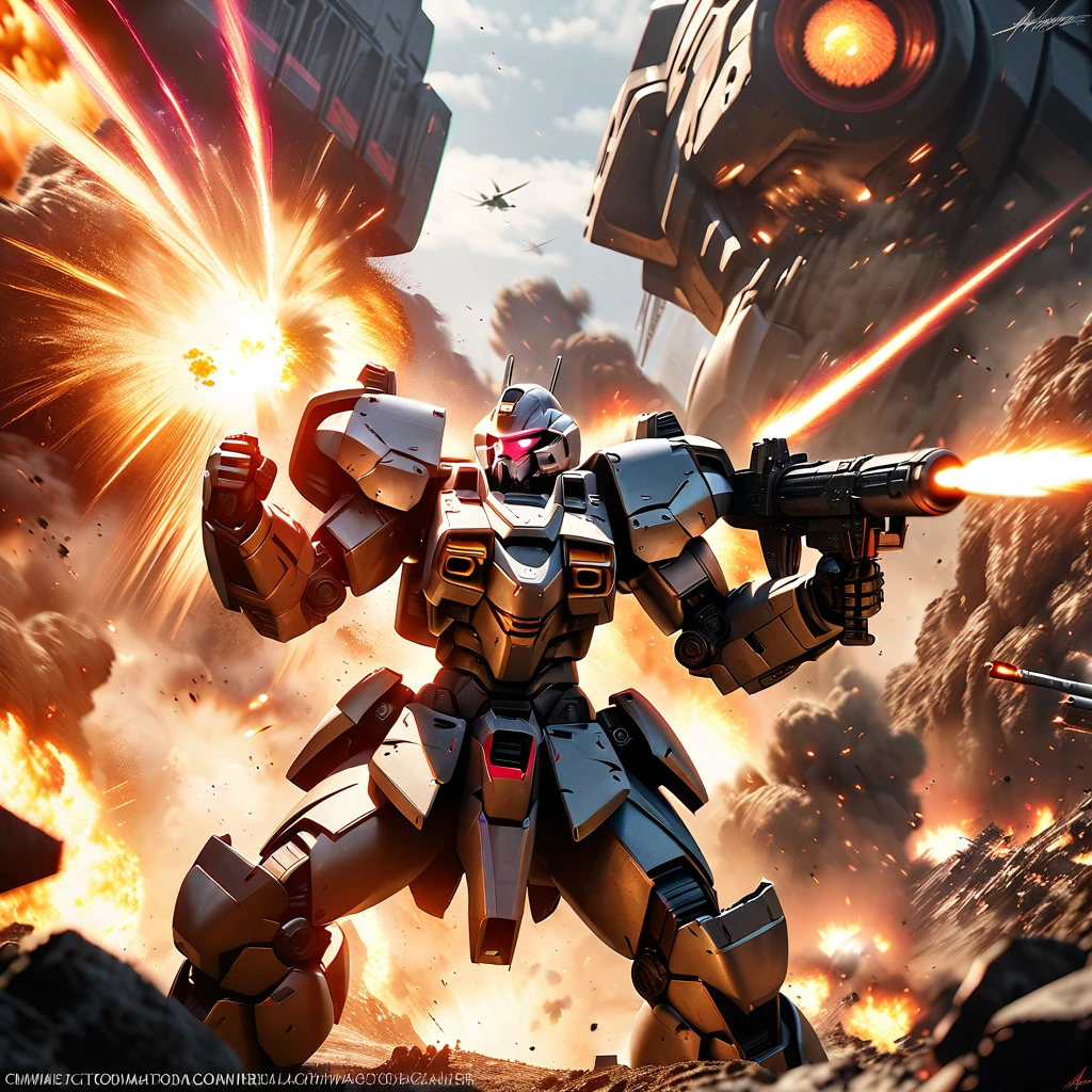 A massive mech battle, two heavily armed and armored war mechs of contrasting color schemes engaged in close-quarters combat, firing powerful energy weapons and missiles, dramatic explosions and destruction in the background, cinematic lighting, epic scale, highly detailed, hyper-realistic, 8k, photorealistic
