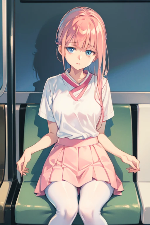 a cute japanese girl with smooth white skin, a slim body, small breasts, ocean blue eyes, and long coral pink hair wearing a white short sleeved shirt, a pink skirt, and pink thigh high leggings, sitting in a subway train, sleeping