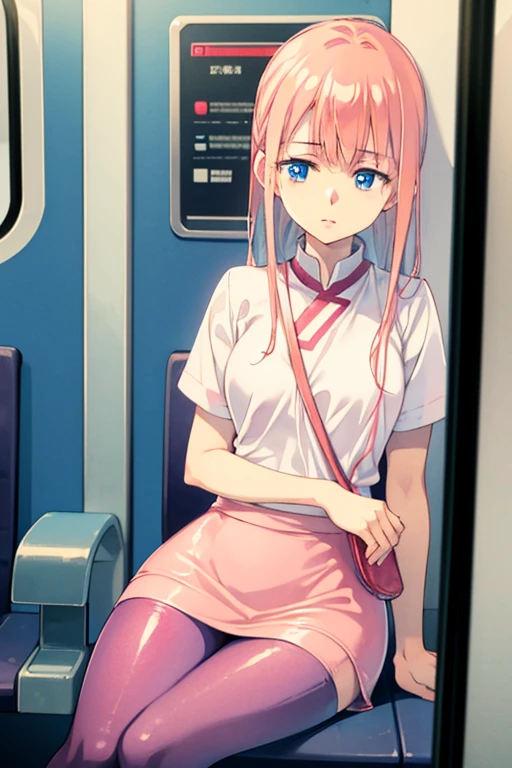 a cute japanese girl with smooth white skin, a slim body, small breasts, ocean blue eyes, and long coral pink hair wearing a white short sleeved shirt, a pink skirt, and pink thigh high leggings, sitting in a subway train, sleeping