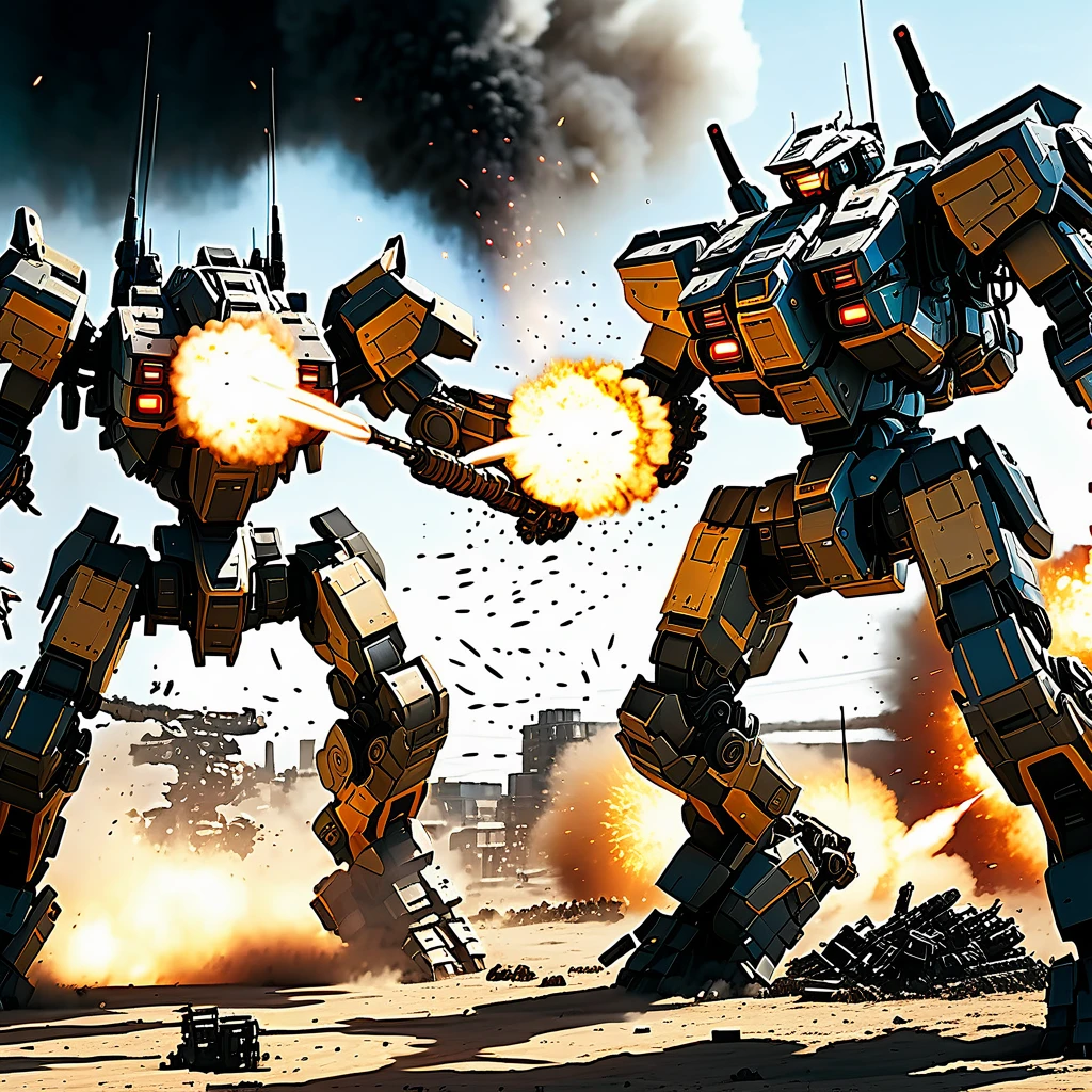 A massive mech battle, two heavily armed and armored war mechs of contrasting color schemes engaged in close-quarters combat, firing powerful energy weapons and missiles, dramatic explosions and destruction in the background, cinematic lighting, epic scale, highly detailed, hyper-realistic, 8k, photorealistic