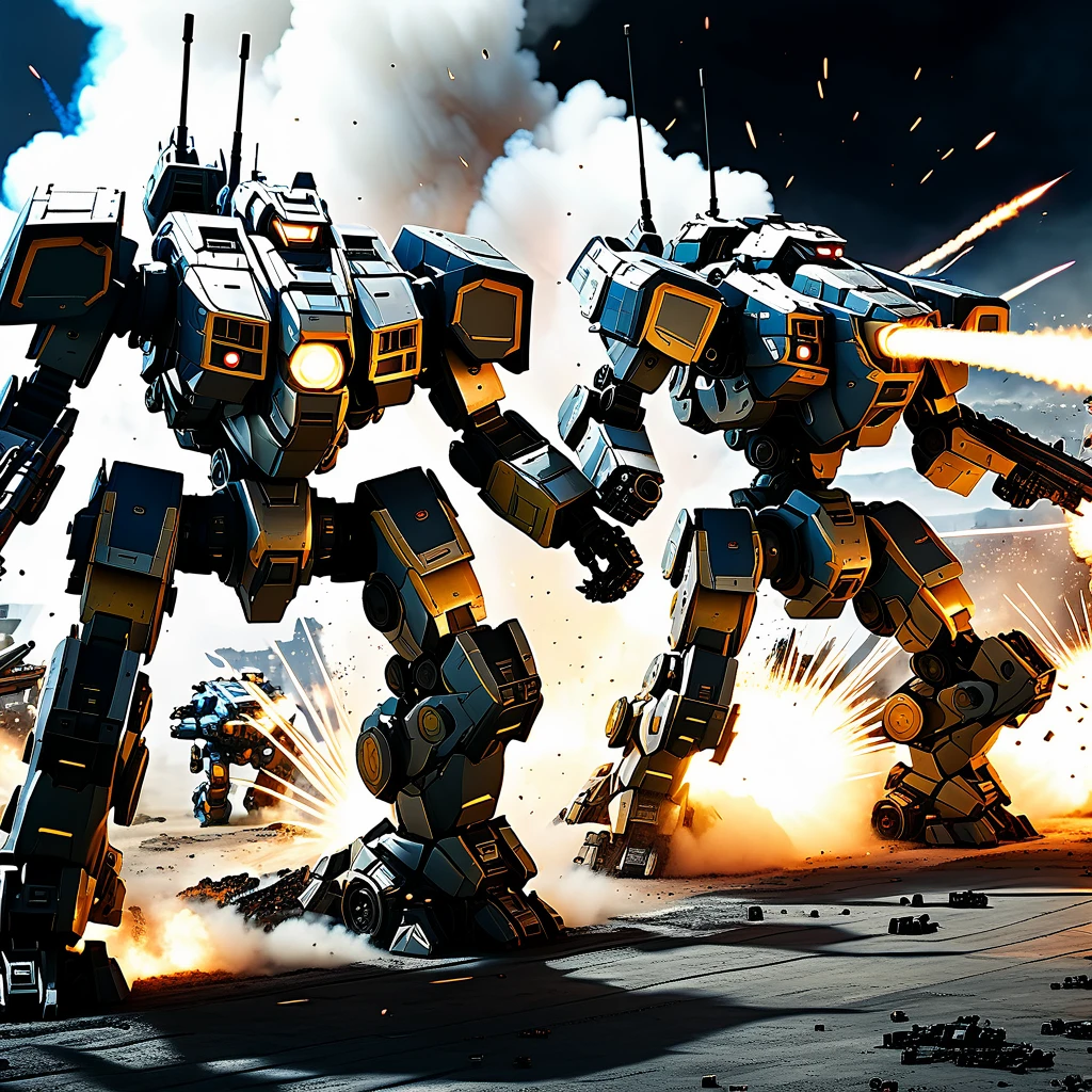 A massive mech battle, two heavily armed and armored war mechs of contrasting color schemes engaged in close-quarters combat, firing powerful energy weapons and missiles, dramatic explosions and destruction in the background, cinematic lighting, epic scale, highly detailed, hyper-realistic, 8k, photorealistic