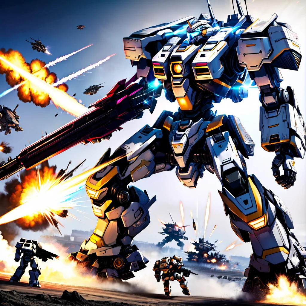 A massive mech battle, two heavily armed and armored war mechs of contrasting color schemes engaged in close-quarters combat, firing powerful energy weapons and missiles, dramatic explosions and destruction in the background, cinematic lighting, epic scale, highly detailed, hyper-realistic, 8k, photorealistic
