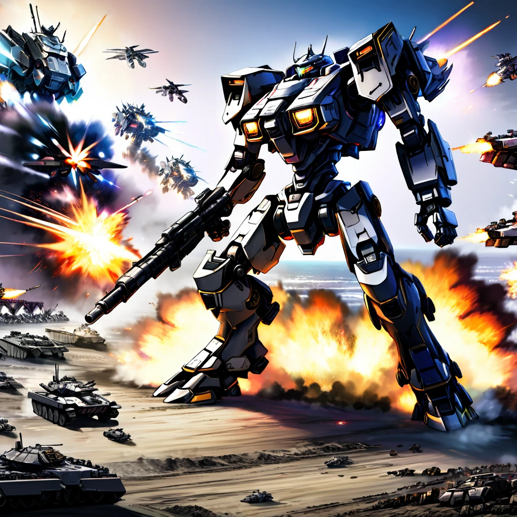A massive mech battle, two heavily armed and armored war mechs of contrasting color schemes engaged in close-quarters combat, firing powerful energy weapons and missiles, dramatic explosions and destruction in the background, cinematic lighting, epic scale, highly detailed, hyper-realistic, 8k, photorealistic