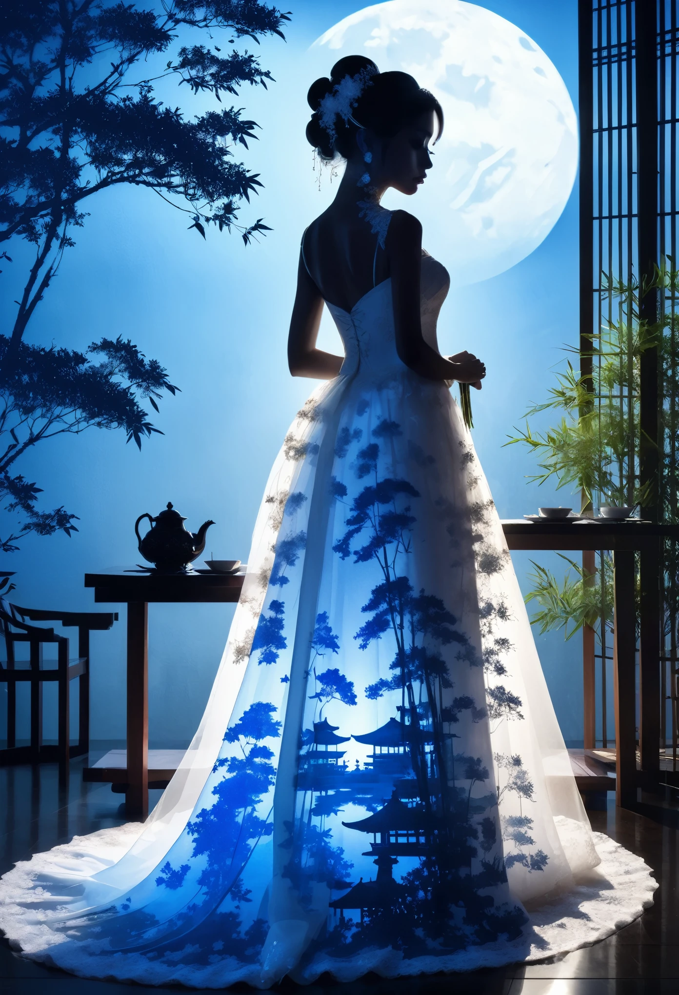 (((silhouette art:1.5))), 1Bride attire, (Double Exposure:1.3), Silhouette of a bride in a wedding dress standing alone at a restaurant wedding overlooking a Japanese garden with a bamboo forest, blue Moon, (Close-up), improve, complex, (best quality, masterpiece, representative work, official art, professional, unified 8k wallpaper:1.3)