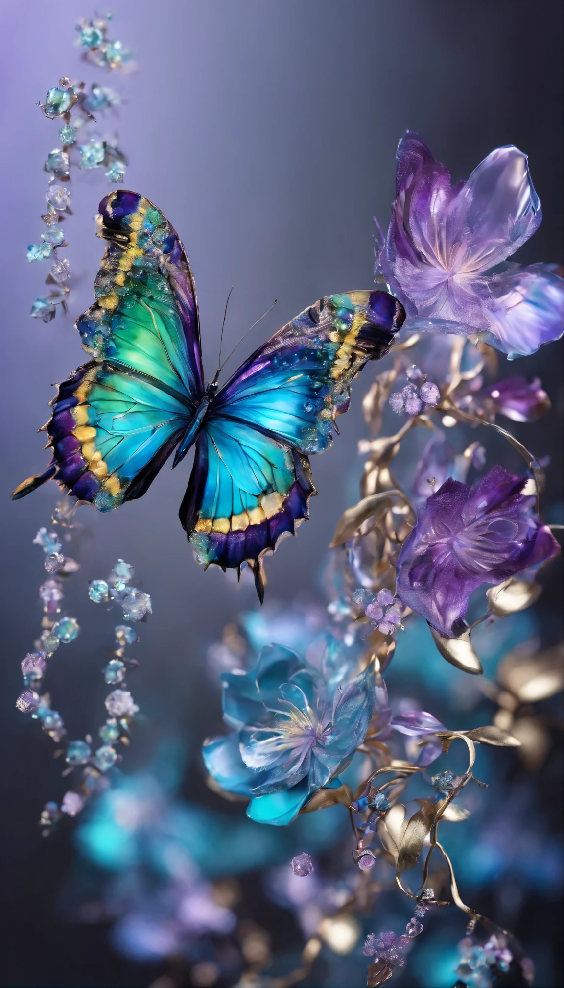 The background is greenblue,moon light,All expressed with jewels, the arrival of spring, various beautiful flower
, Beautiful purple swallowtail butterfly,angles looking up from below, various jewels falling from the sky, wonderful and beautiful superb view, slightly hazy, fantastic, high resolution, 8K, (best quality, highres, realistic:1.37), shiny metallic flowers, intricate and delicate petals, reflective surfaces, vibrant colors, intricate details, close-up view, surreal garden, surreal beauty, dreamy atmosphere, fine art, abstract botanicals, metallic sculpture, contrasting textures, ethereal glow